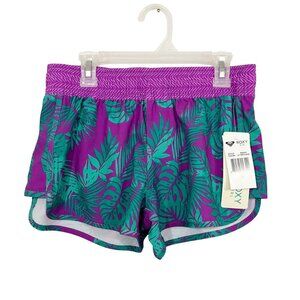 NEW Roxy Girl Purple & Green Leaf Print Swim Board Shorts - Girl's Size 14‎